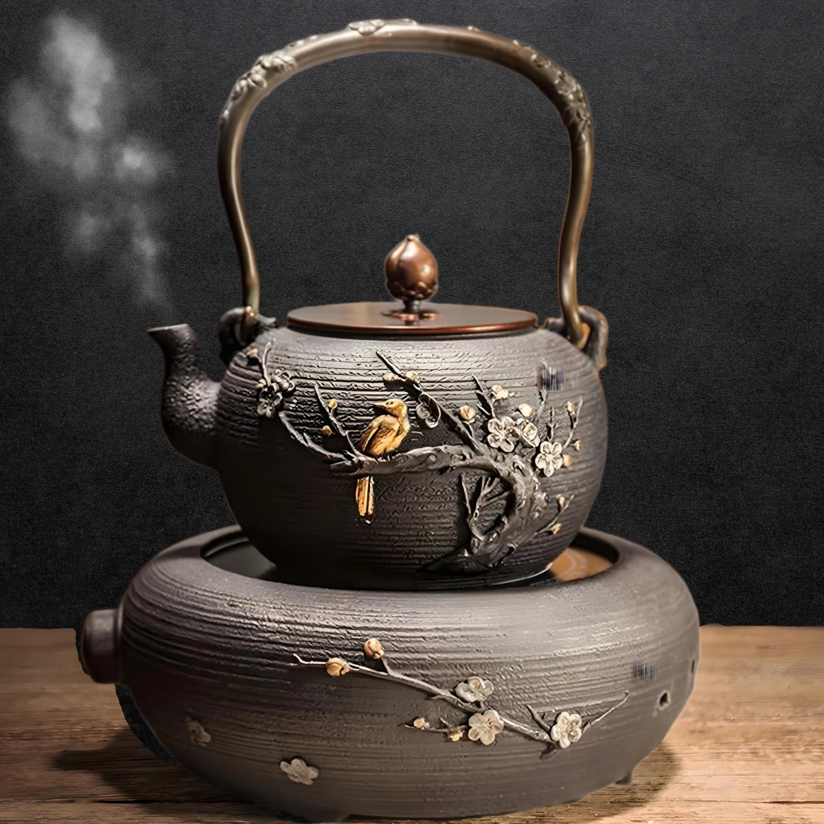 Magpie and plum blossom cast iron teapot set with induction cooker 2