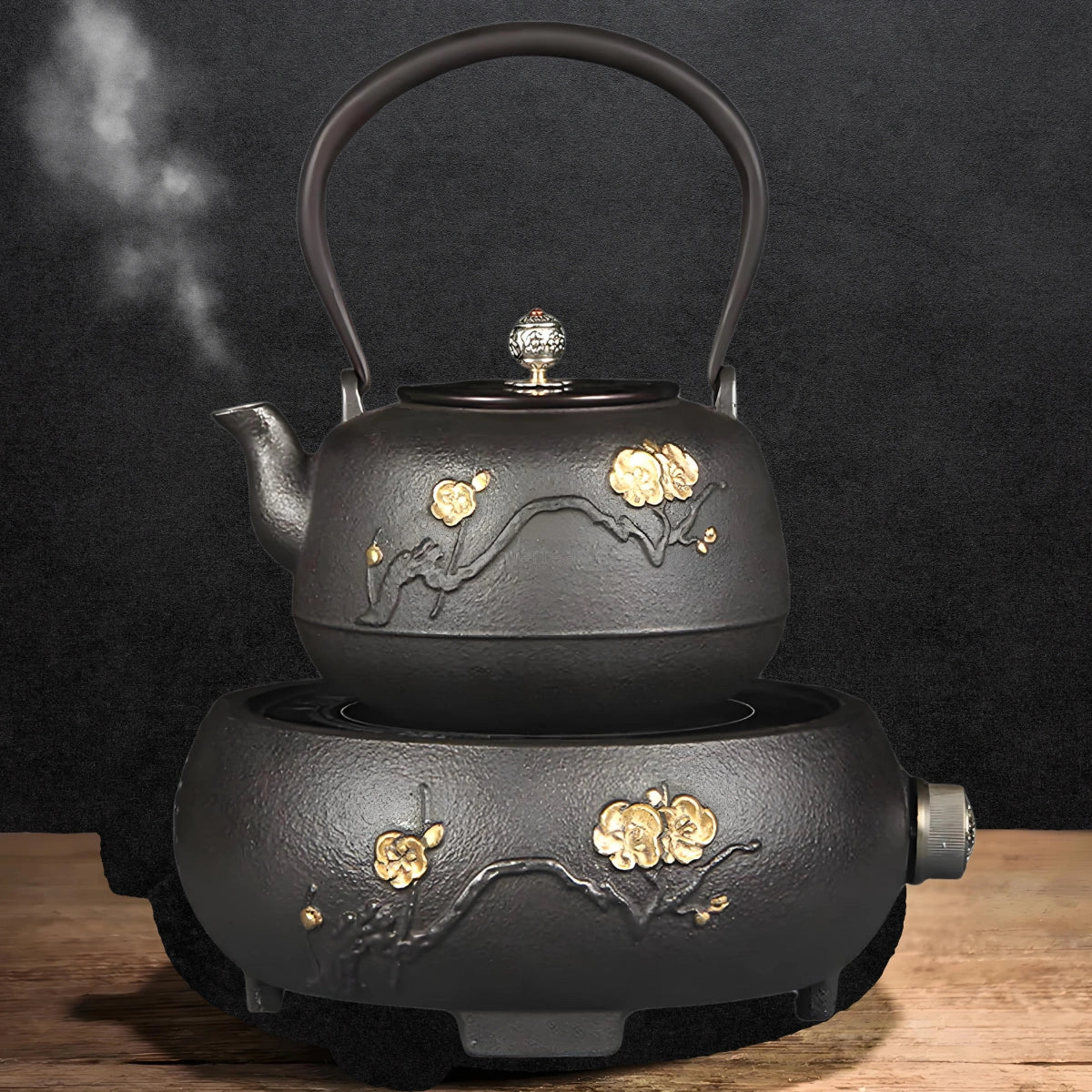 1 plum blossom cast iron teapot set with induction cooker